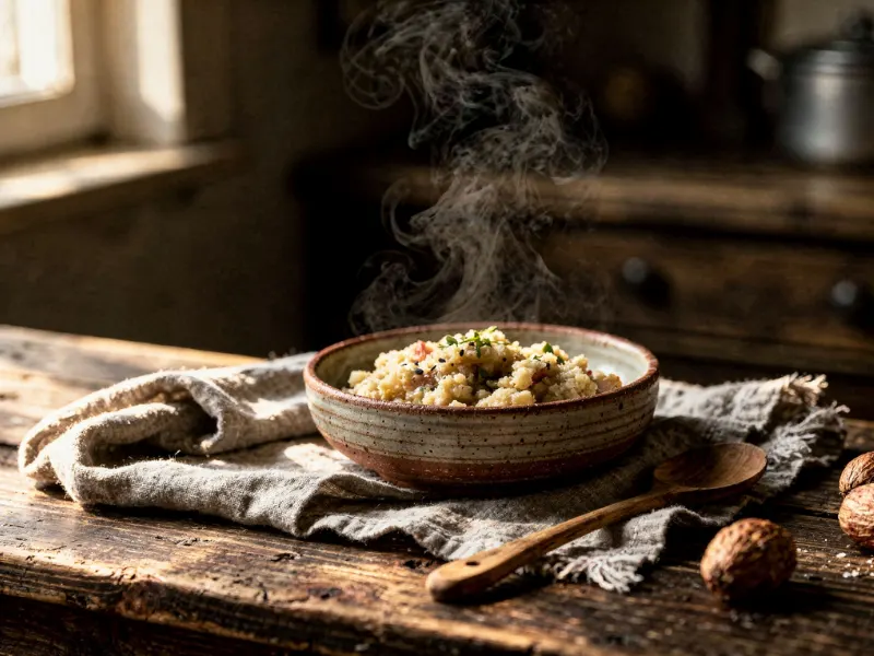 Tigela de comida quente soltando vapor no fim de tarde